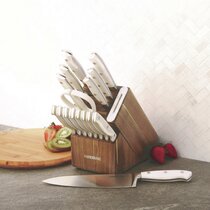 Goodful 14 Piece Knife Block Set, High Carbon Stainless Steel Blades Cutlery, Full Tang, Triple Riveted Handles, Cream