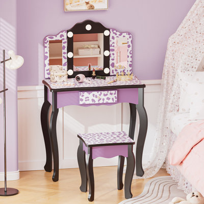 Kids MDF Vanity Table Set In Purple With 1 Drawer With 3-Color Dimmable LED Bulb