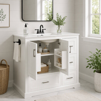 Meuble-lavabo de salle de bain avec lavabo en céramique, 4 tiroirs et portes à fermeture en douceur