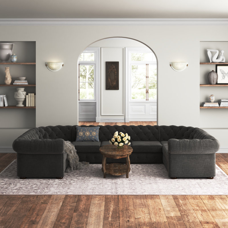Huskins Upholstered U-Shaped Sectional Symmetrical, Heathered Dark Gray Linen