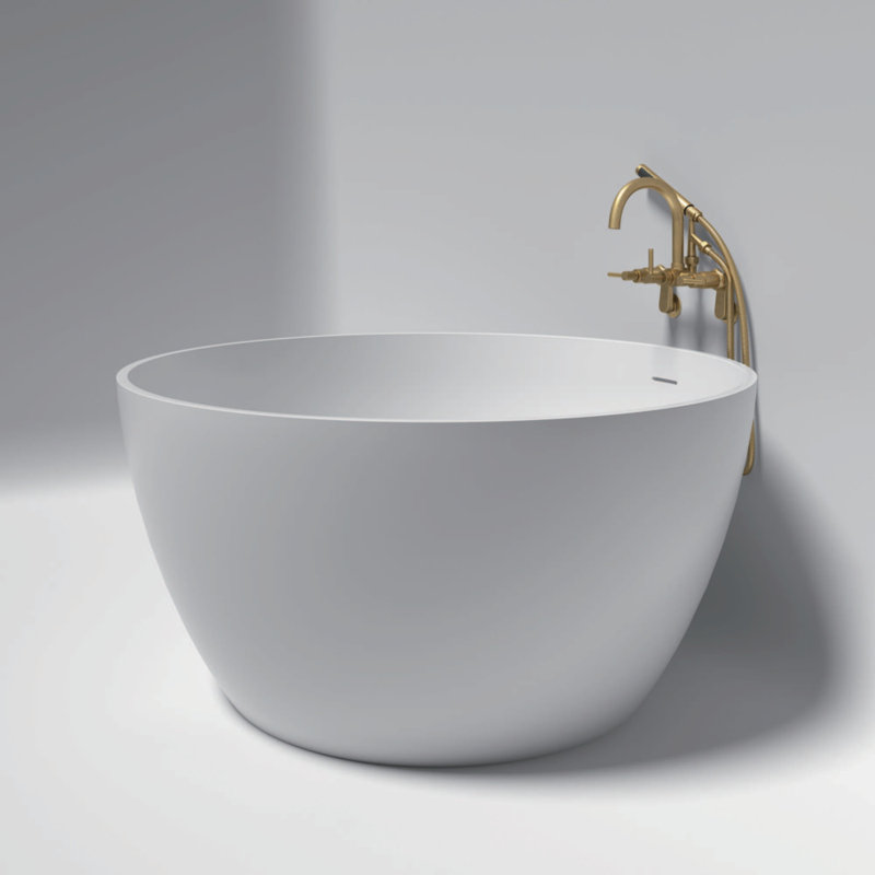 Kingston Brass Arcticstone 45-Inch Solid Surface Round Double Ended Freestanding Tub with Faucet Combo and Drain