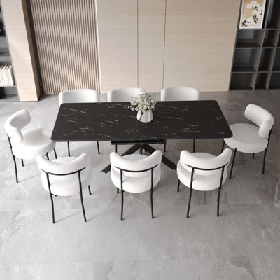 62.4" Extendable Dining Table Set for 8, with Black MDF Top, X-Shaped Metal Legs, and 8 Curved Back Upholstered Chairs