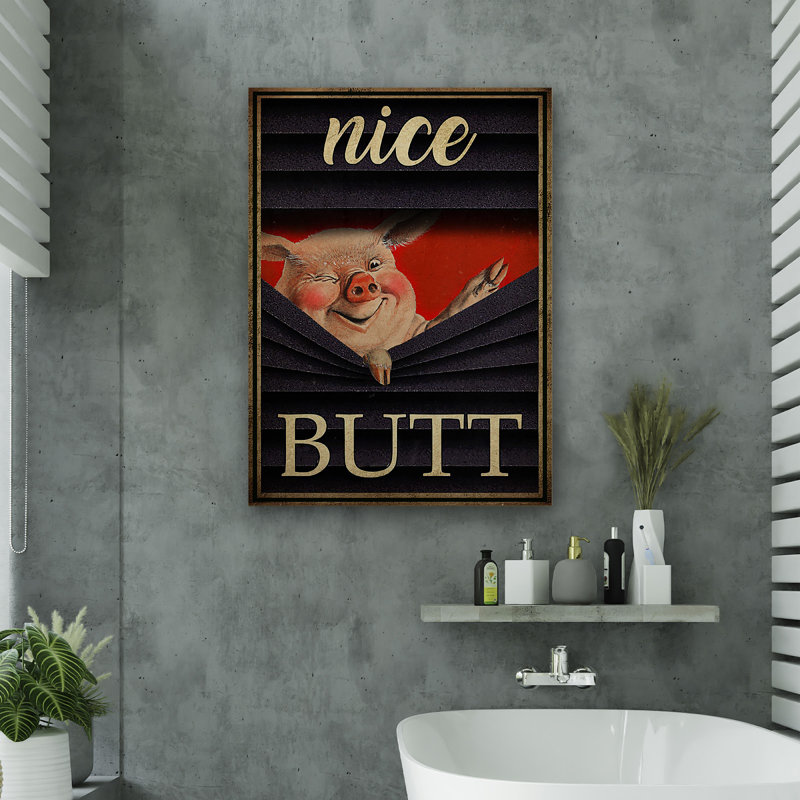 Cochon peeping - jolie toile tendue avec toile tendue - décor d'illustrations de salle de bain et de lessive, noir et rose