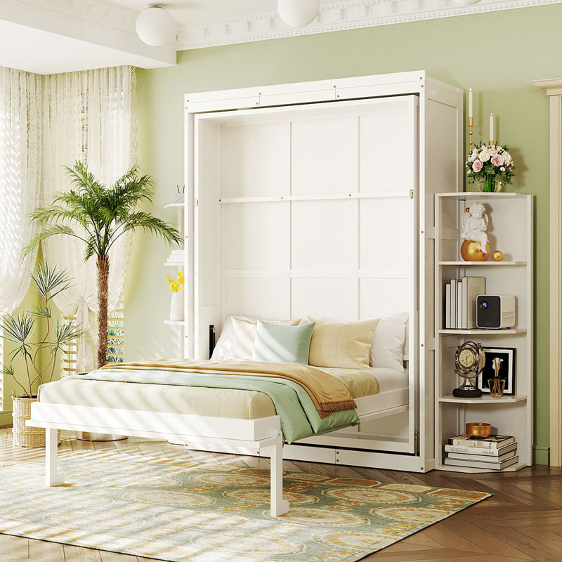 Lit pivotant Queen Size avec armoire murale dissimulée, deux étagères à 3 niveaux, espace de travail convertible, idéal pour les petits espaces, bureau d'appoint blanc, rangement supplémentaire, gain de place pour les espaces de vie et de bureau à domicile.