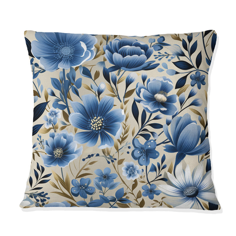 Motif floral scandinave bleu - Coussin décoratif imprimé floral, H 18 po x l 18 po