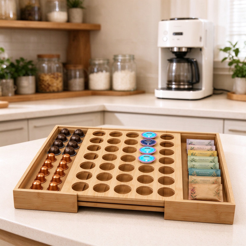 Bamboo K Cup Drawer Organizer, Expandable Coffee Pod Storage Tray, Dual-Purpose Countertop and Drawer Holder for Kitchen Coffee Station, Natural Wood Pod Organizer