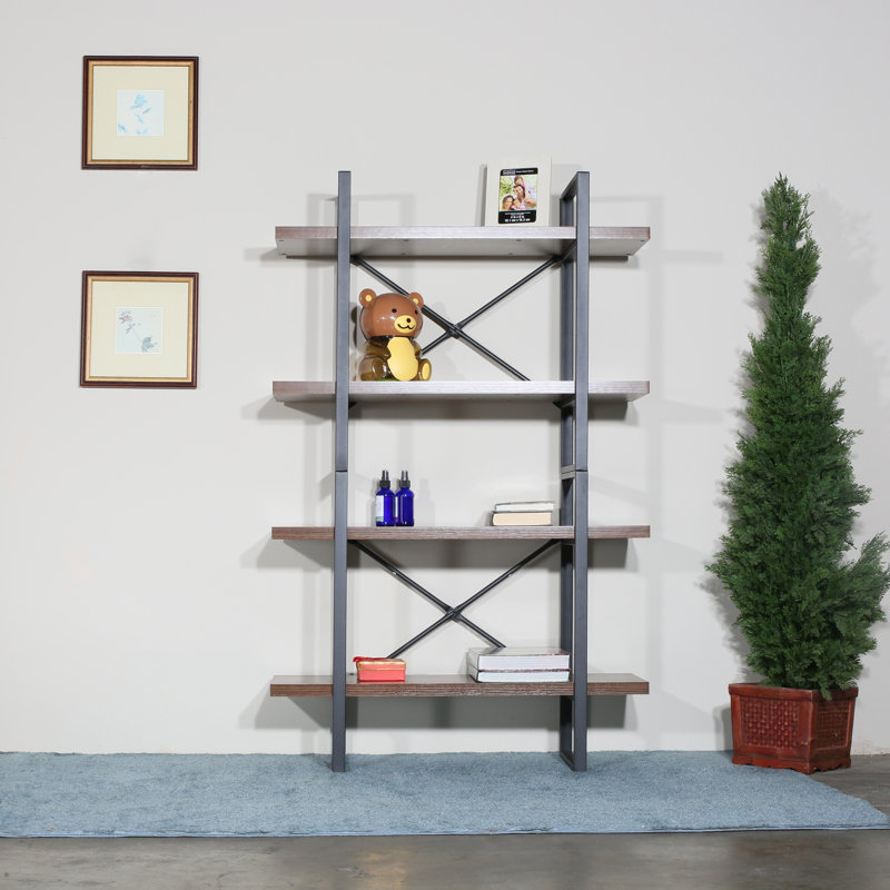 Industrial Black Metal and Wood 4-Tier Etagere Bookcase