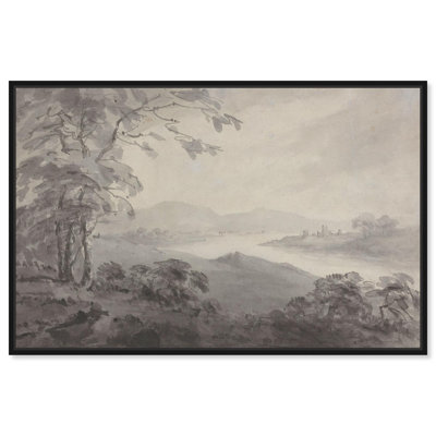 Paysage de rivière avec ruines, art rétro sur toile par Art Remedy
