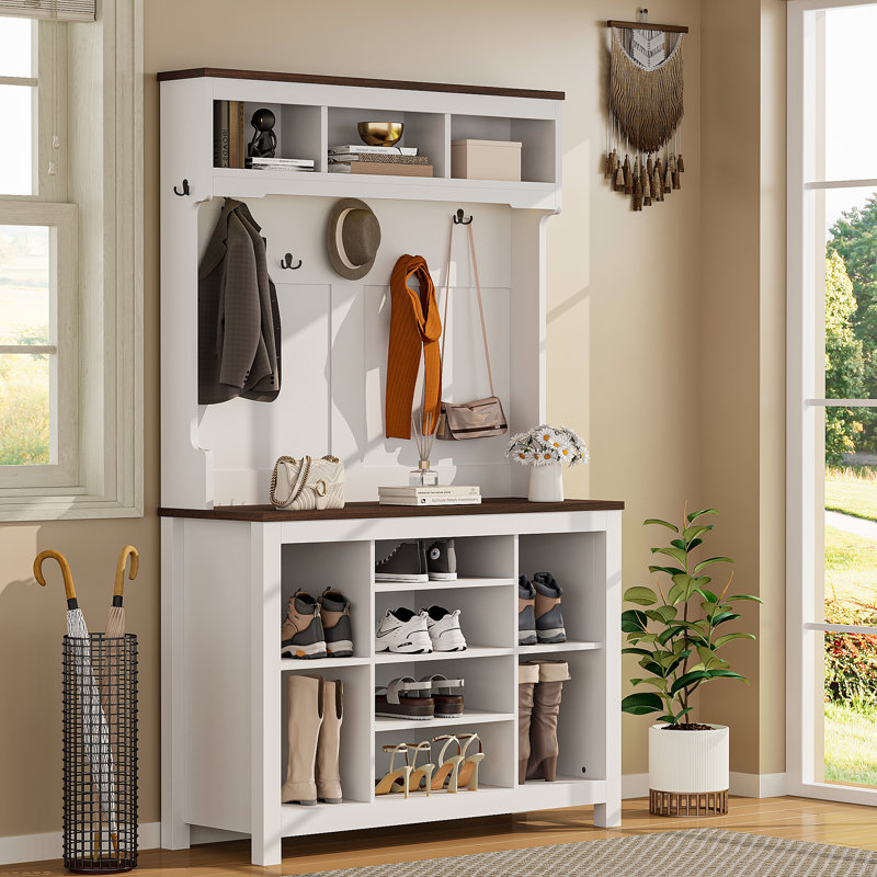 39.4” Wide Farmhouse Style Entryway Hall Tree With Open Shoe Storage, Coat Rack And LED Lights