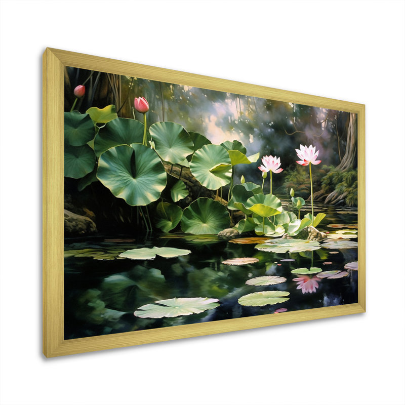 Étangs de lotus verts verts sur toile, H 16 po x l 32 po x P 1 po, Encadrement doré