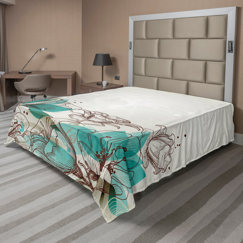 Ambesonne Orient Top Flat Sheet Mosaic Motifs, Full Flat Sheet, Beige/Teal Floral