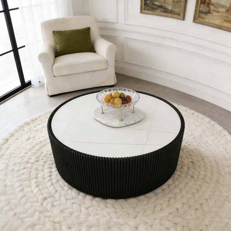 Table basse moderne en cuir fritté clair, Noir, blanc et or