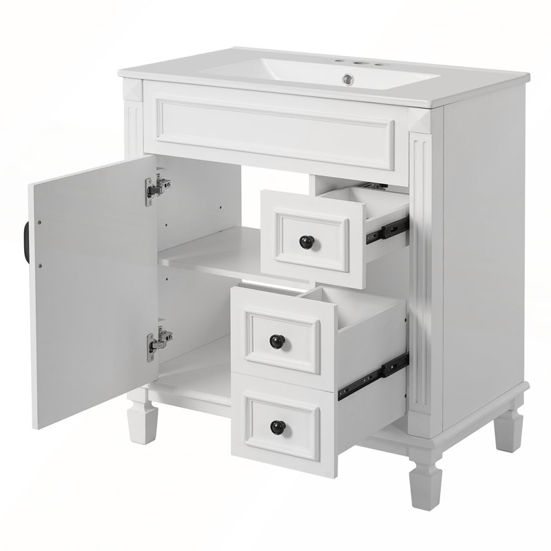 Meuble-lavabo de 30 pouces avec lavabo en céramique, 2 tiroirs et tablette réglable pour espaces compacts, Blanc