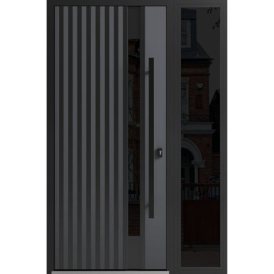 Porte d'entrée extérieure prémontée en acier Ronex 0144 grise, fenêtre latérale extérieure, imposte, métal peint, style moderne, largeur 36+12 po x hauteur 80 po, ouverture gauche vers l'intérieur