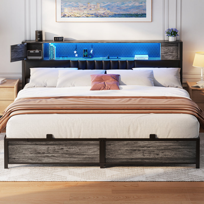 Kalder Bed Frame with LED Light and Charging Station, Metal Frame with Storage Headboard, Large Storage Space, No Spring Box Needed