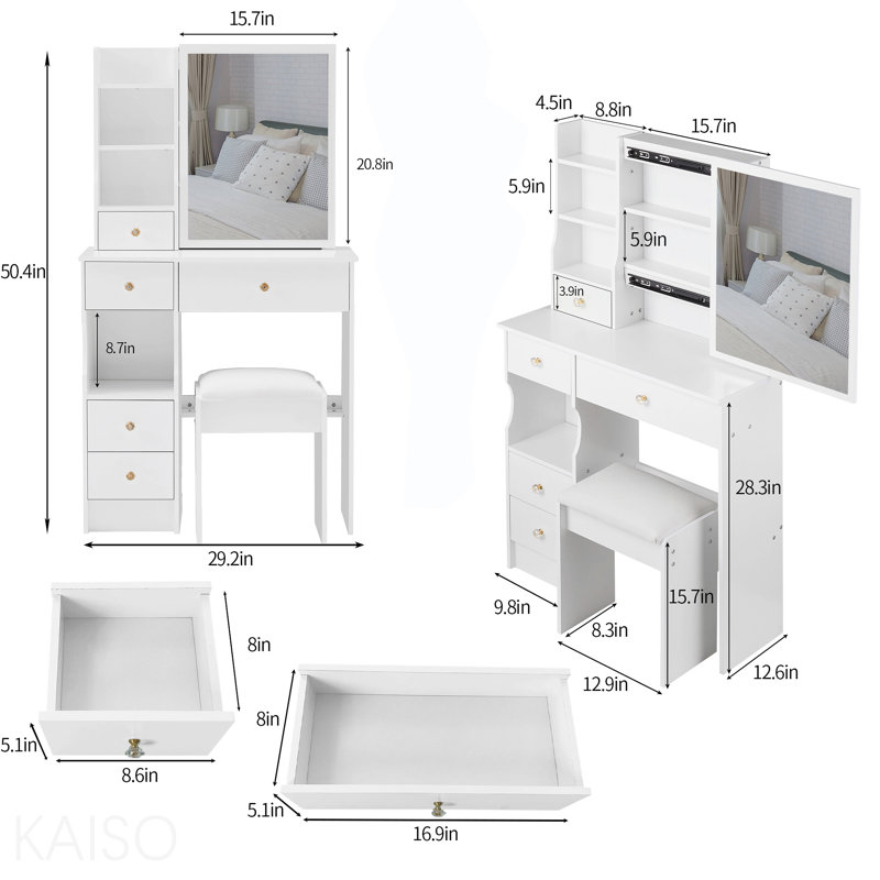 29.2" Small Space Left Drawer Desktop Vanity Table + Cushioned Stool, Extra Large Right Sliding Mirror, Multi Layer High Capacity Storage, Practical Fashionable Dresser