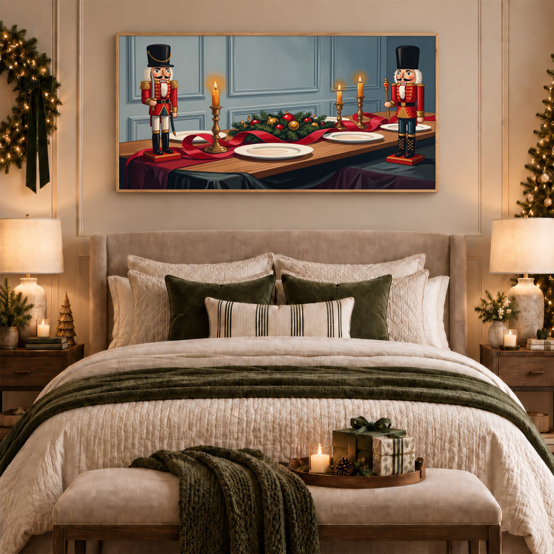 " Red Nutcrackers at Candlelit Dining Table Christmas " Painting, L 40 po x H 20 po
