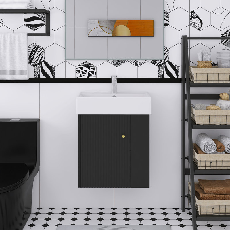 Meuble-lavabo mural de 22 po avec lavabo en céramique et rangement à droite, Noir