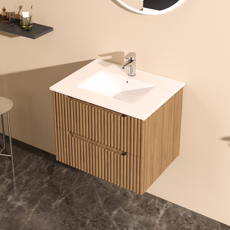 Meuble-lavabo mural 24 po avec lavabo à cuve flottante blanche, noyer