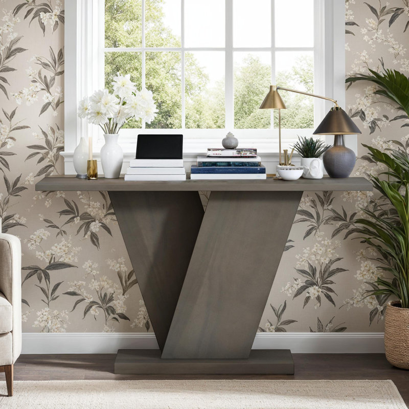 Console à base en V avec plateau spacieux, capacité de 220 lb, Bois gris