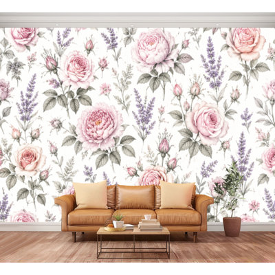 Papier peint adhésif autocollant Fleurs roses transparentes, feuilles, aquarelle, fleur rose, papier autocollant amovible, décoration murale pour salon, chambre à coucher H 100 po x l 144 po