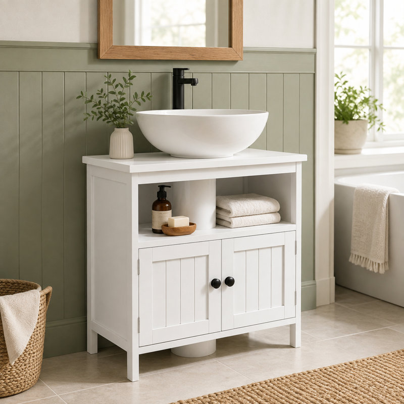 Lavabo sur pied de style moderne avec meuble de rangement intégré (lavabo non incluse), unité de rangement spécifique à la salle de bain.