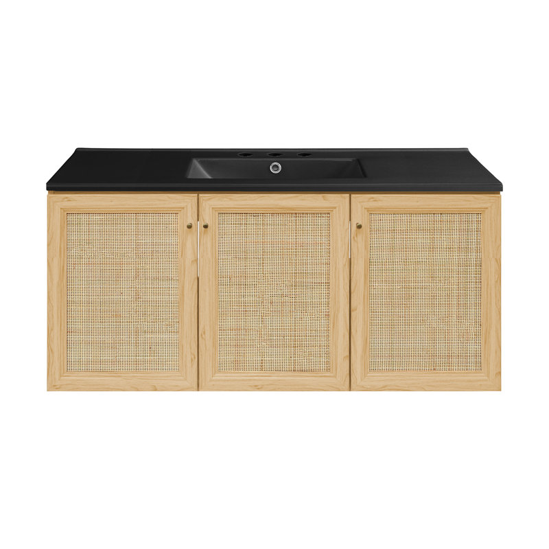 Meuble-lavabo mural 48 po Classe en chêne naturel avec comptoir noir à 3 trous Class, Noir, noir, noir, noir, Chêne naturel