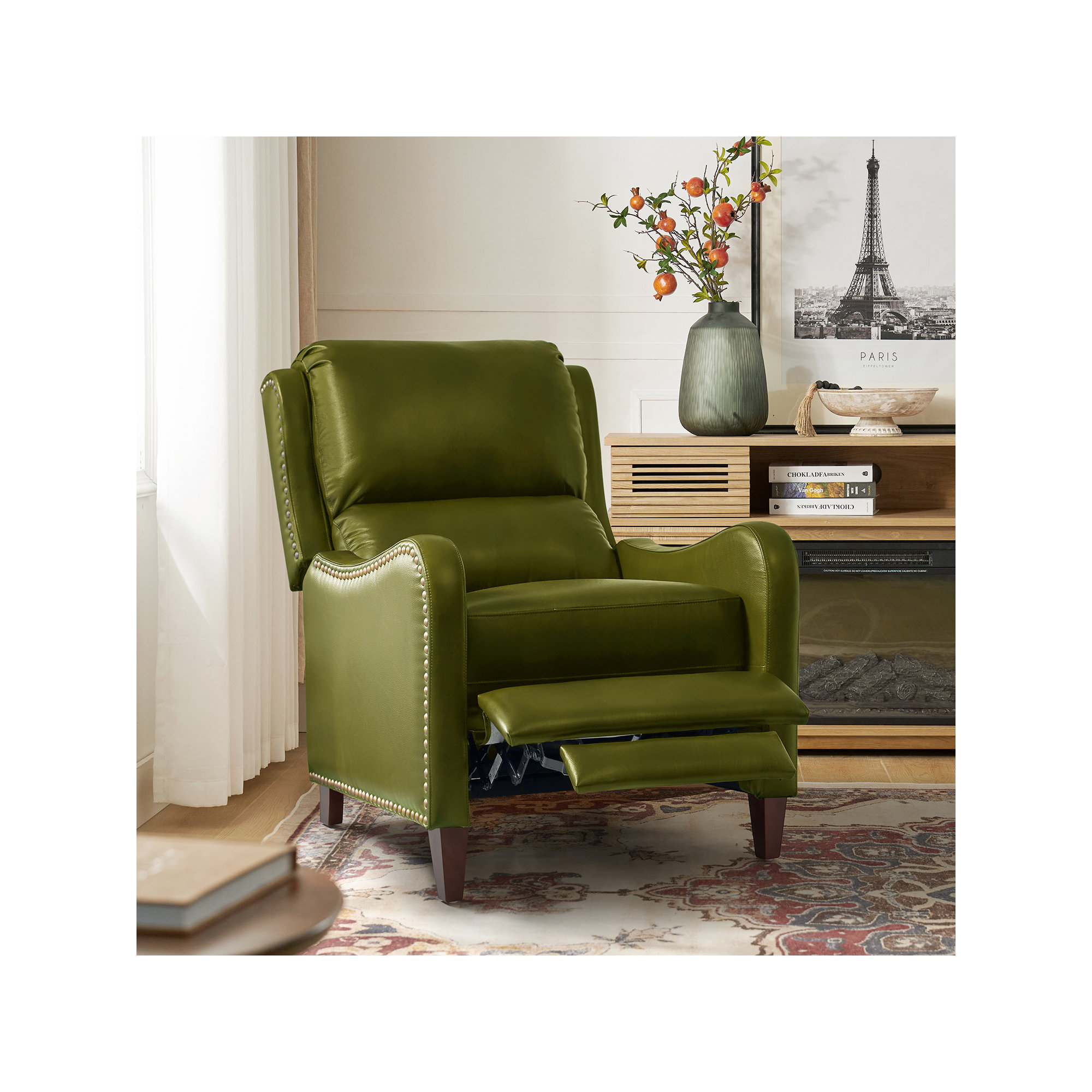 Beecher 28.75" Wide Genuine Leather Manual Club Recliner, Olive Top Grain Leather