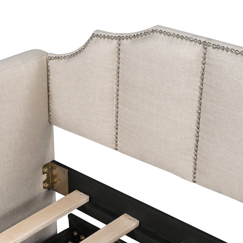 Twin Size Upholstered Daybed with Pop-Up Trundle & USB Charging Ports, Beige, Beige