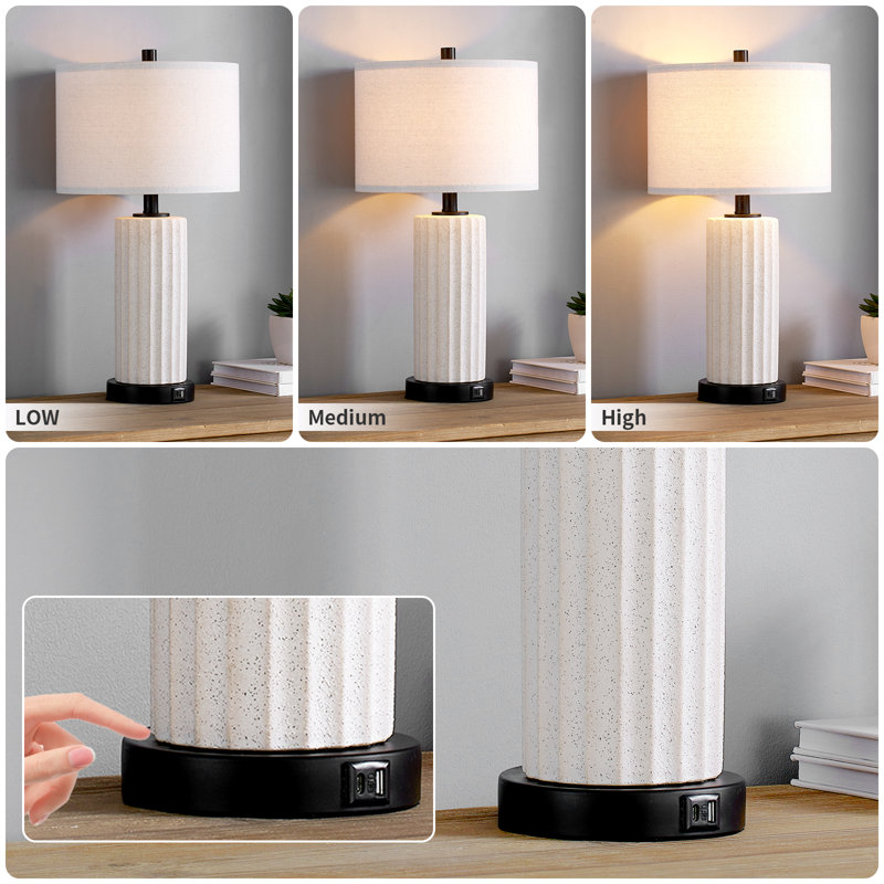 White Ceramic 3-Way Touch Table Lamp Set with USB Ports