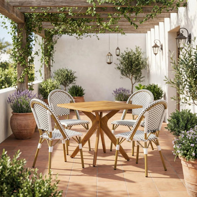 Callimont French Bistro Aluminum & Acacia Wood Patio Dining Set With Woven Rattan Chairs And Square Slatted Table