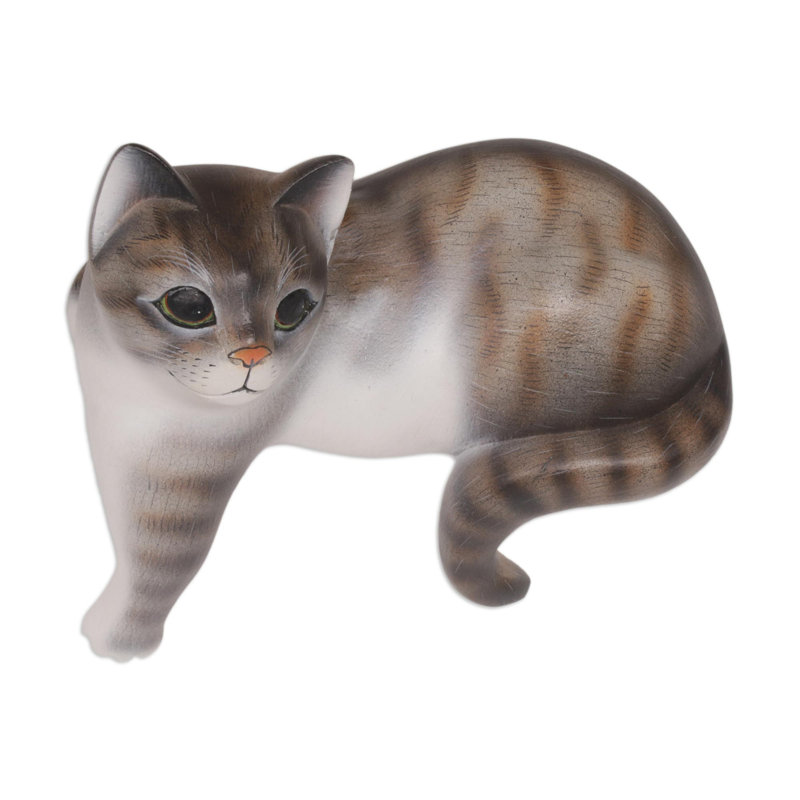 Erhart Watchful Cat Wood Sculpture, Gray