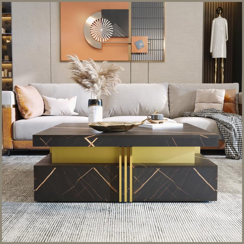 Latitude Run® Modern Black & Gold Square Coffee Table with 4 Storage ...