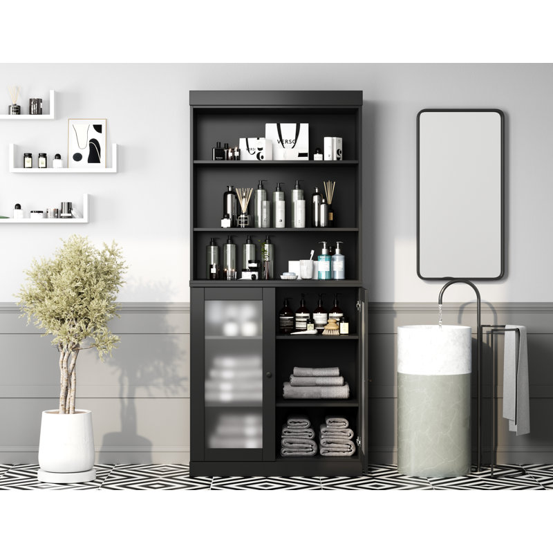 Armoire de salle de bain 100% bois massif 32 po avec portes en verre givré et tablettes réglables, Noir, noir, noir, noir