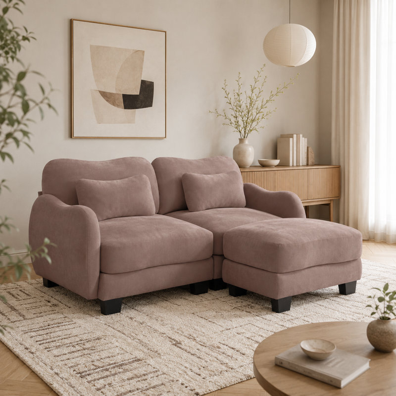 Canapé courbé Rosman avec repose-pieds, repose-pieds et coussins lombaires en chenille, Rose poussière