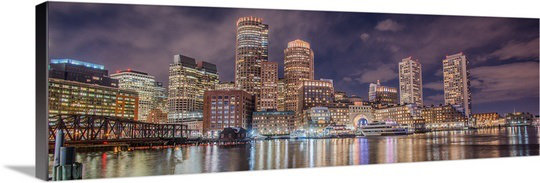«Boston City Skyline at Night», reproduction de photo, H 16 po x l 48 po x P 1,5 po, Toile