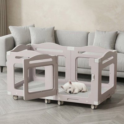 Acrylic Pet Containment System with Integrated Whelping Area & Transporter, 6 Panels + Base Floor + 8 Casters, for Small/Medium Pets (Cats, Rabbits, Puppies), Sturdy & Safe Build