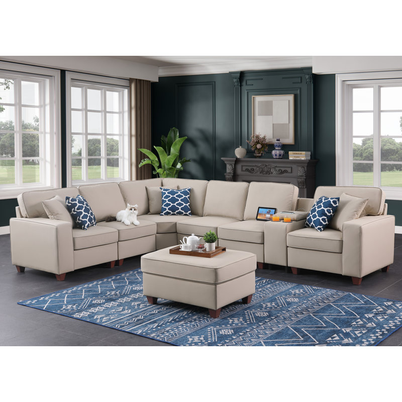 Canapé modulaire à accoudoirs carrés 125,25 po, Similicuir beige