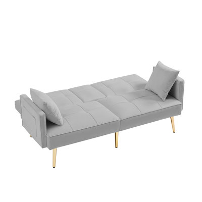Grey Velvet With Gold Metal Legs, 3 Adjustable Angles To Suit Your Desires, 2 Side Pockets For Convenience, Cup Holder, Strong Foam Filler, Sinuous Spring Seat, Elegant Look Futon Legs - Levels, Cozy
