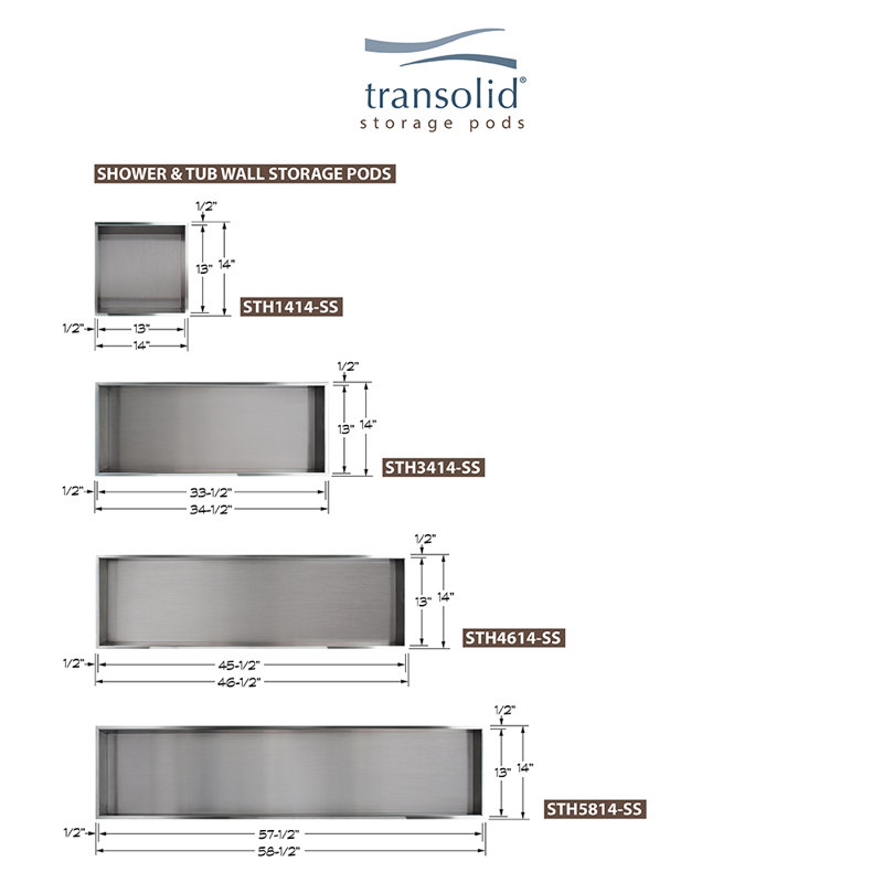Tiroir de douche encastré de rangement transolid, H 14 po x l 3,75 po x P 34,5 po