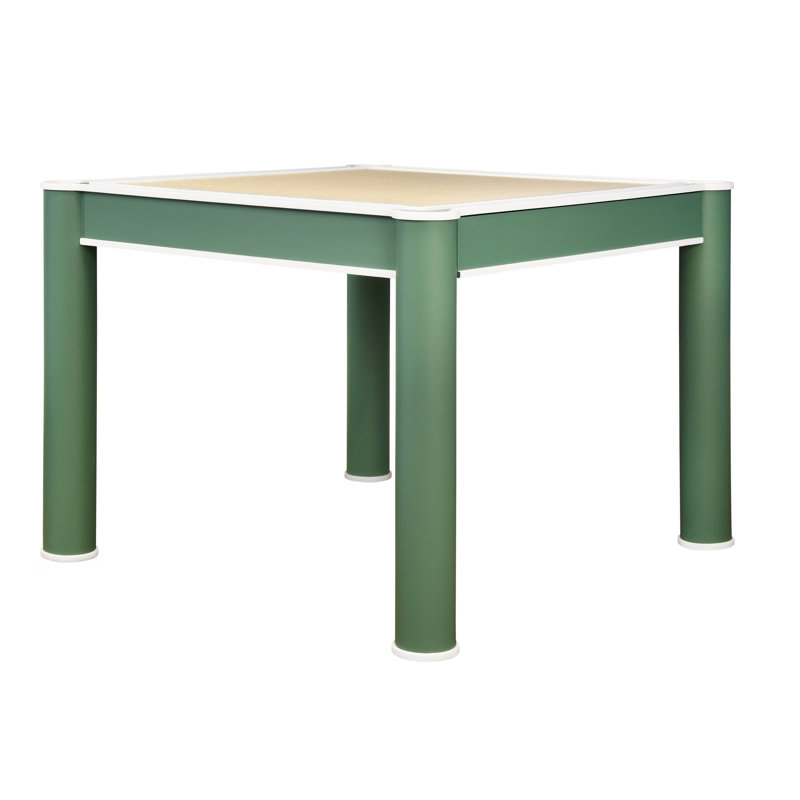 Square Two Drawer Round Leg Game Table In Matte Green Lacquer With Matte White Lacquer Edging