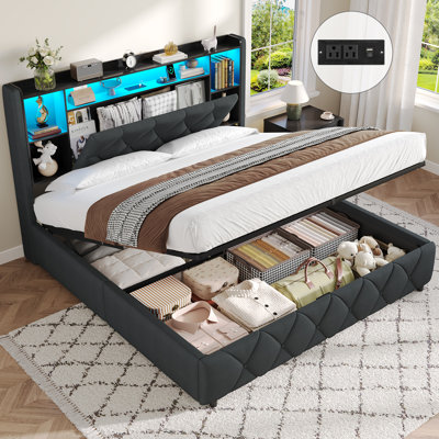 Ottoman Bed Frame with Charging Station and LED Lights, Upholstered Storage Beds with Lift-Up Underbed Storage, Easy Operation
