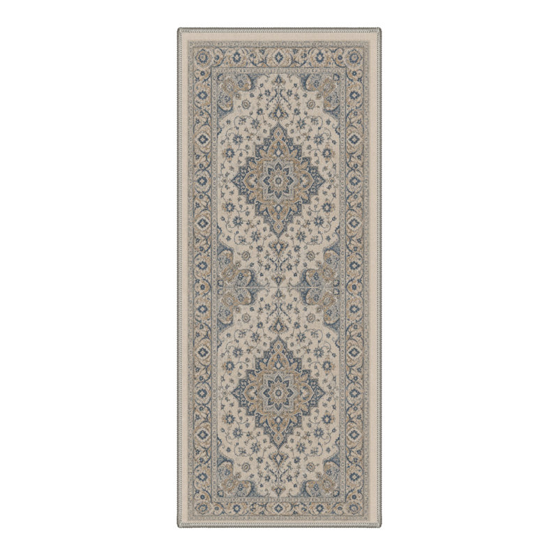 Tapis de couloir traditionnel gris/bleu oriental, performant, à poils courts, lavable et antidérapant