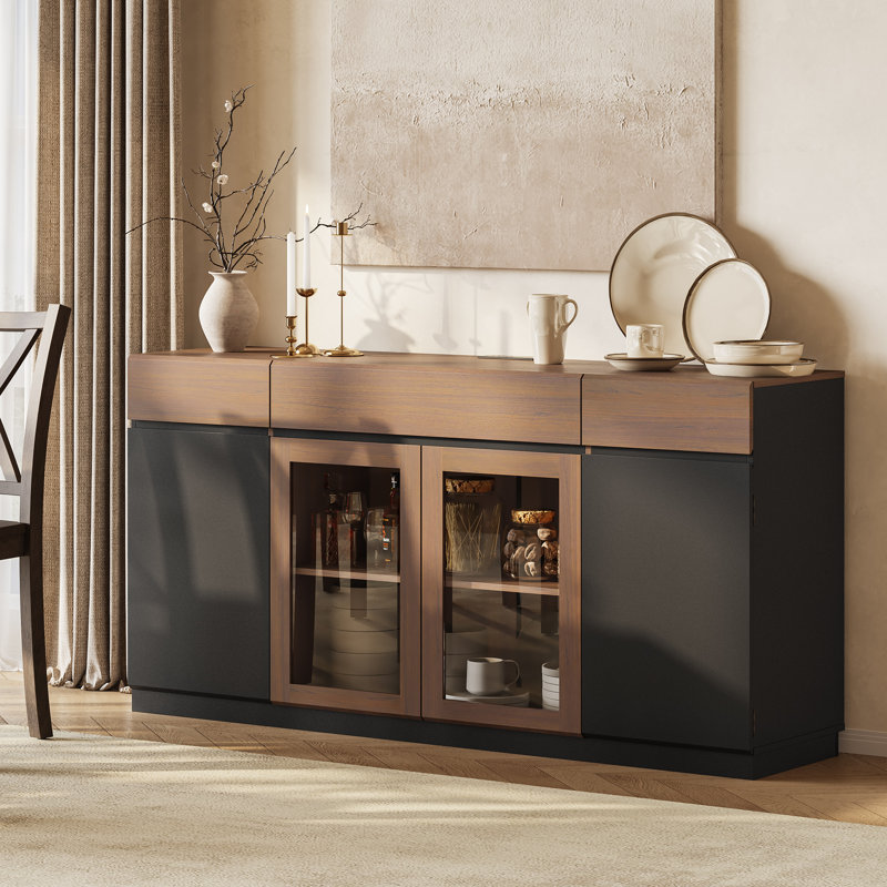 63" Wide Sideboard Buffet Cabinet With Led Lighting And Power Outlets, Modern Storage Credenza For Dining Room Living Room Kitchen