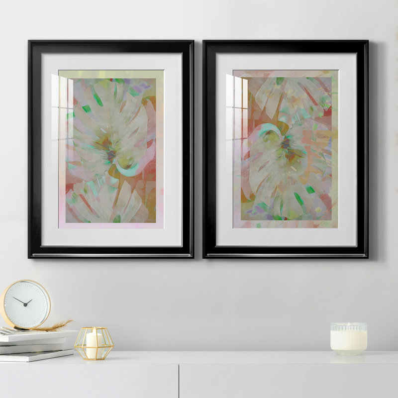 Retro Palms I - ensemble de 2 reproductions d'art, Blanc, Papier encadré noir, H 30,5 po x l 85 po x P 1,5 po