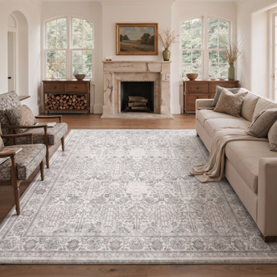 Tapis vintage à motifs floraux, lavable à la machine, gris beige, aspect vieilli, antidérapant