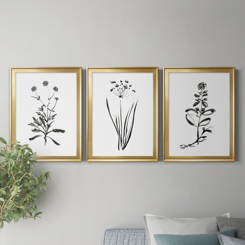 Inky Botanical I - Ensemble de 3 peintures, H 18,5 po x l 73,5 po x P 1,5 po, Toile encadrée dorée