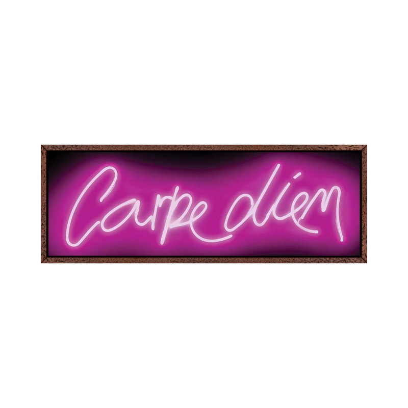 Neon Carpe Diem Pink On Black by Hailey Carr - Panoramic Print on Canvas, 30.48 cm H x 91.44 cm W, Classic Brown Wood Framed