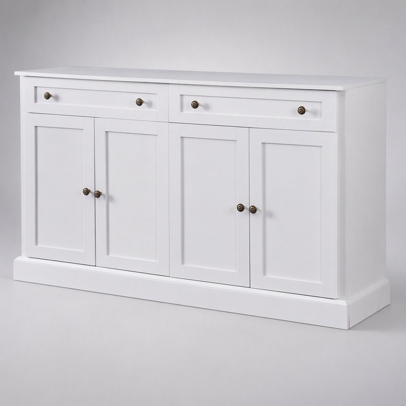 Buffet de cuisine avec 2 tiroirs et 4 portes, tablettes réglables pour la salle à manger et le salon, blanc