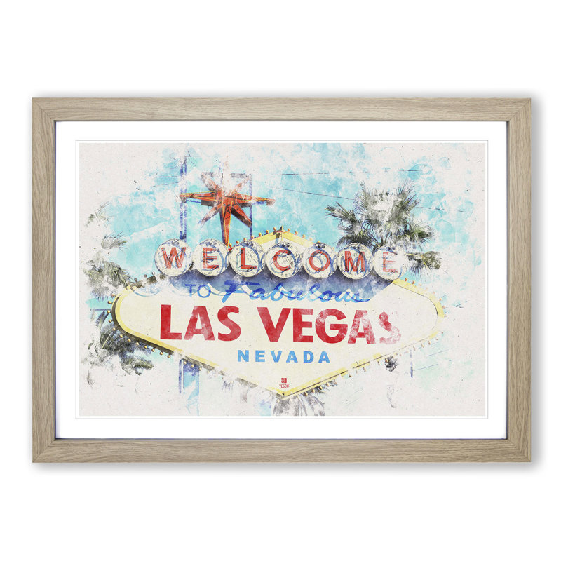 The Welcome to Las Vegas Sign - Picture Frame Painting Print on MDF, 33cm H x 45cm W x 2cm D, Oak Framed